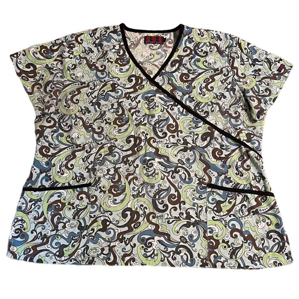 Beverly Hills Green and Brown Swirled Scrub Top